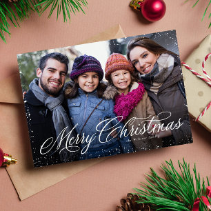 Cartes Pour Fêtes Annuelles Joyeux Noël écriture élégante une photo neige