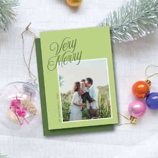 Cartes Pour Fêtes Annuelles Joyeux Noël Écriture Élégante Une Photo Verte
