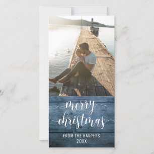 Cartes Pour Fêtes Annuelles Joyeux Noël Écriture Moderne Bois Rustique Bleu