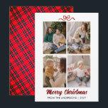 Cartes Pour Fêtes Annuelles Joyeux Noël écriture rouge élégante 4 Collage phot<br><div class="desc">Une carte de vacances sophistiquée avec une belle écriture brosse rouge et une disposition en grille de quatre photos. L'équilibre parfait entre la typographie moderne et les éléments festifs traditionnels pour vos salutations familiales.</div>