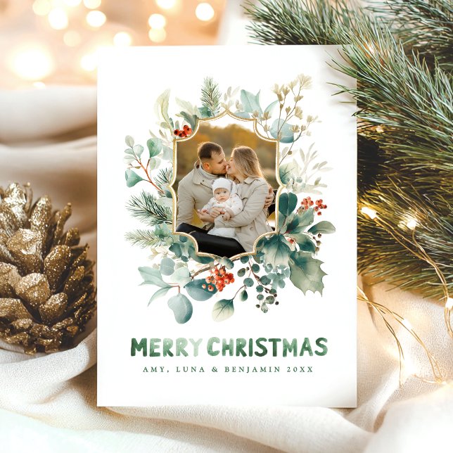 Cartes Pour Fêtes Annuelles Joyeux Noël Élégant Aquarelle Verdure (Créateur téléchargé)