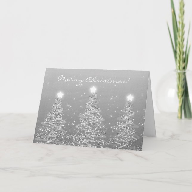 Cartes Pour Fêtes Annuelles Joyeux Noël Élégant Arbres pétillants Argent (Devant)