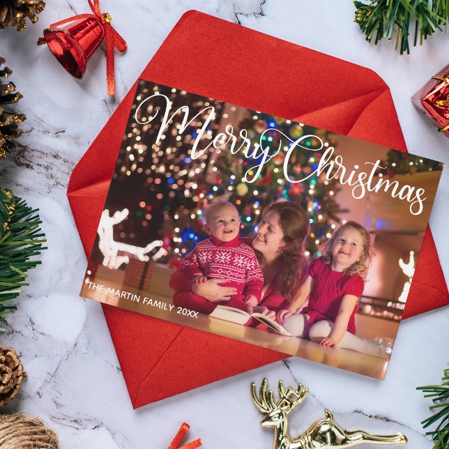 Cartes Pour Fêtes Annuelles Joyeux Noël Elegant blanc Cursive Photo Script (Créateur téléchargé)