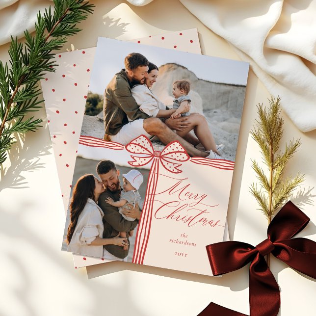 Cartes Pour Fêtes Annuelles Joyeux Noël Elegant Bow & Ribbon Photo Collage (Merry Christmas Elegant Bow & Ribbon Photo Collage Holiday Card)