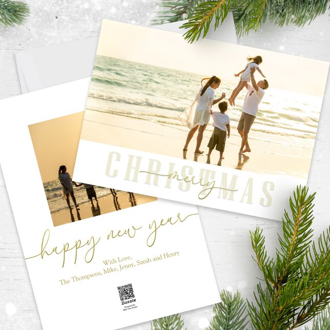 Cartes Pour Fêtes Annuelles Joyeux Noël Elegant Gold Calligraphie 2 Photo (Merry Christmas gold typography-style photo card with a two-photo template. )