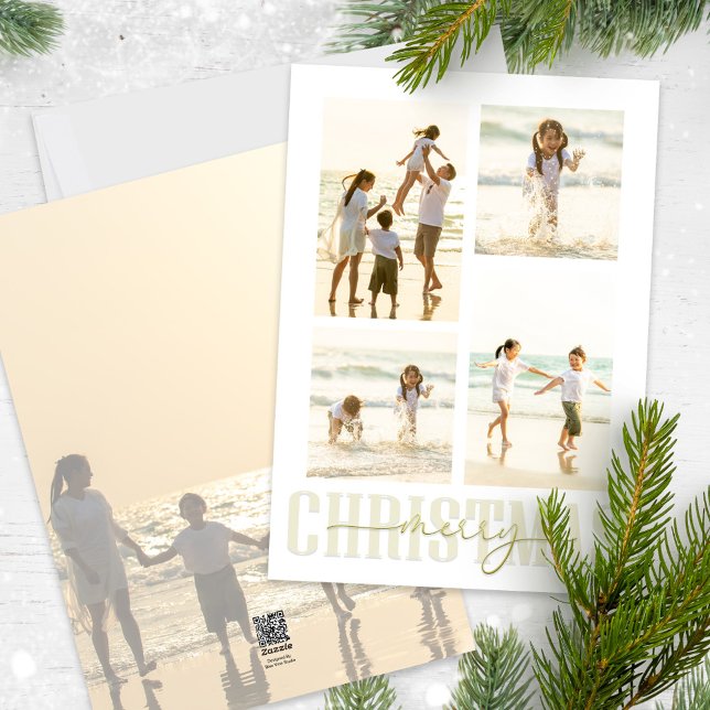 Cartes Pour Fêtes Annuelles Joyeux Noël Elegant Gold Calligraphie 5 Photo (Merry Christmas gold stylish calligraphy photo card with a five photo template. )