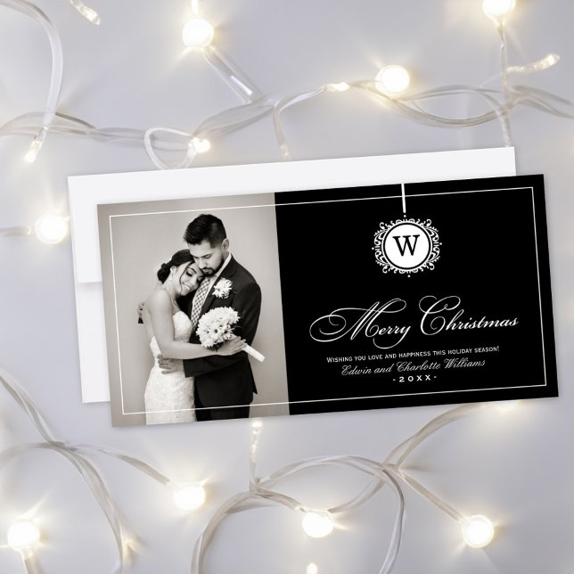 Cartes Pour Fêtes Annuelles Joyeux Noël Elegant noir Monogramme photo (Créateur téléchargé)