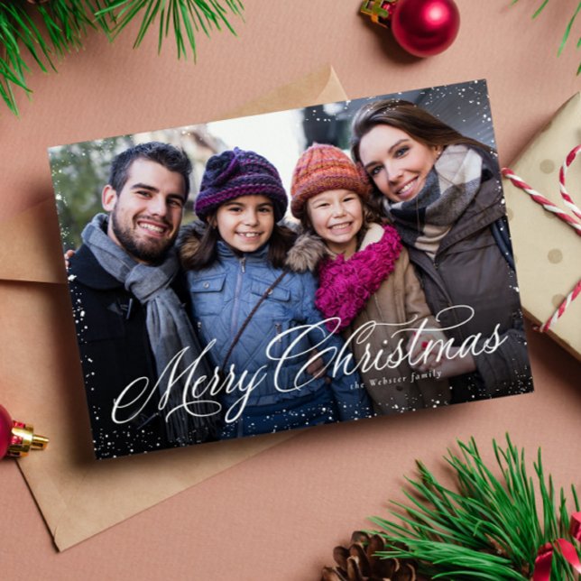 Cartes Pour Fêtes Annuelles Joyeux Noël élégant script une photo neige (Créateur téléchargé)