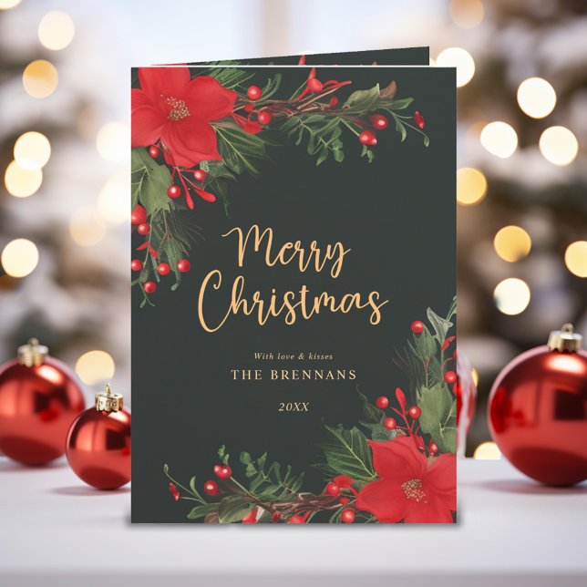 Cartes Pour Fêtes Annuelles Joyeux Noël Élégant Vert Rouge Botanique (Merry Christmas Elegant Green Red Botanical Holiday Card)