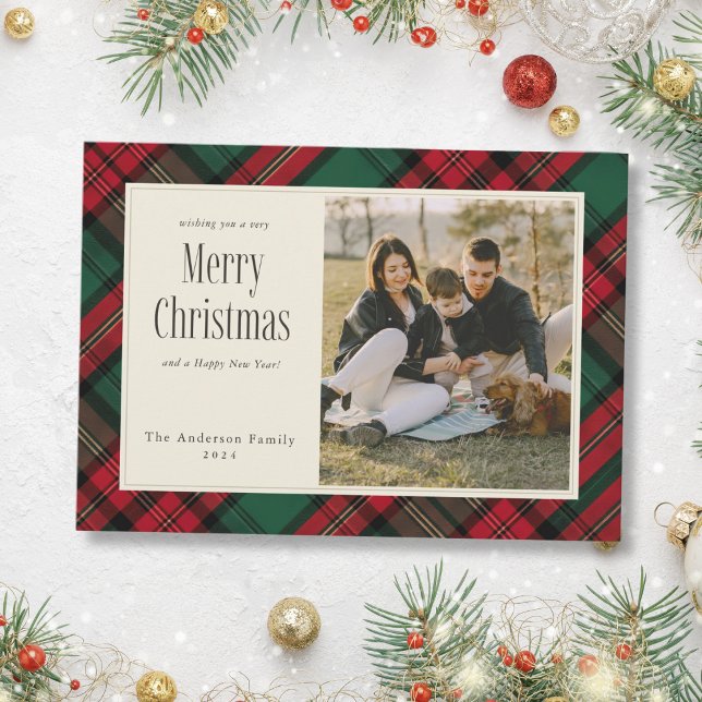 Cartes Pour Fêtes Annuelles Joyeux Noël Élégant Vert Rouge Rouge Plaid Photo (Merry Christmas Elegant Green Red Plaid Photo Holiday Card)