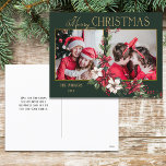 Cartes Pour Fêtes Annuelles Joyeux Noël en 2 photos colorées Poinsettias<br><div class="desc">Design festif et coloré de vacances avec un deux modèle photo avec personnage or joyeux graphisme de Noël avec un spray de poinsettias de Noël traditionnel et saint sur un arrière - plan vert.</div>