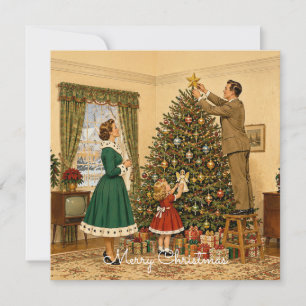 Cartes Pour Fêtes Annuelles Joyeux Noël en famille 1950 décoration du sapin de
