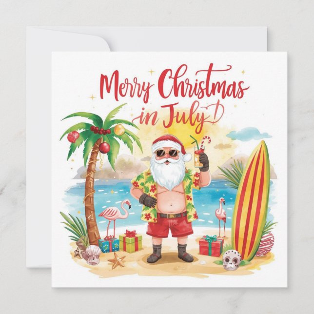 Cartes Pour Fêtes Annuelles Joyeux Noël en juillet à la plage avec Père Noël (Devant)