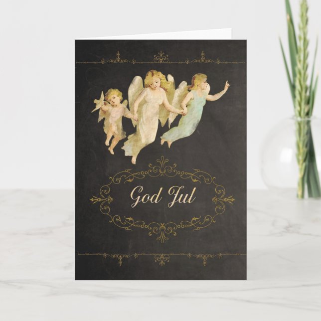 Cartes Pour Fêtes Annuelles Joyeux Noël en norvégien, Dieu juil, anges (Devant)
