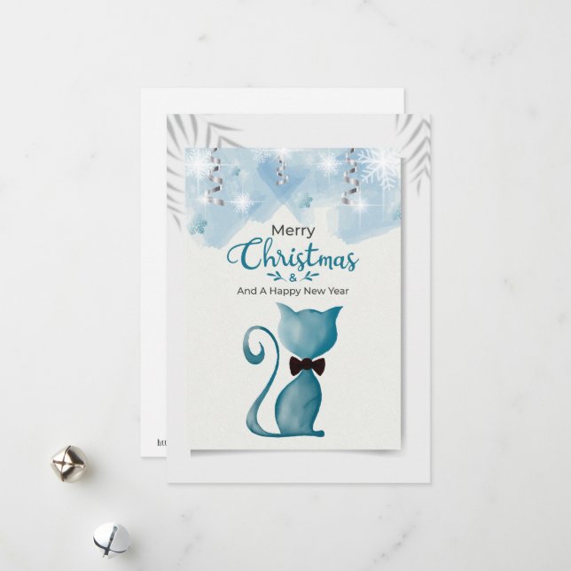 Cartes Pour Fêtes Annuelles Joyeux Noël et Bonne Année Chat (Devant/Arrière en situation)