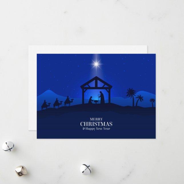 Cartes Pour Fêtes Annuelles Joyeux Noël et Bonne Année Crèche (Devant/Arrière en situation)