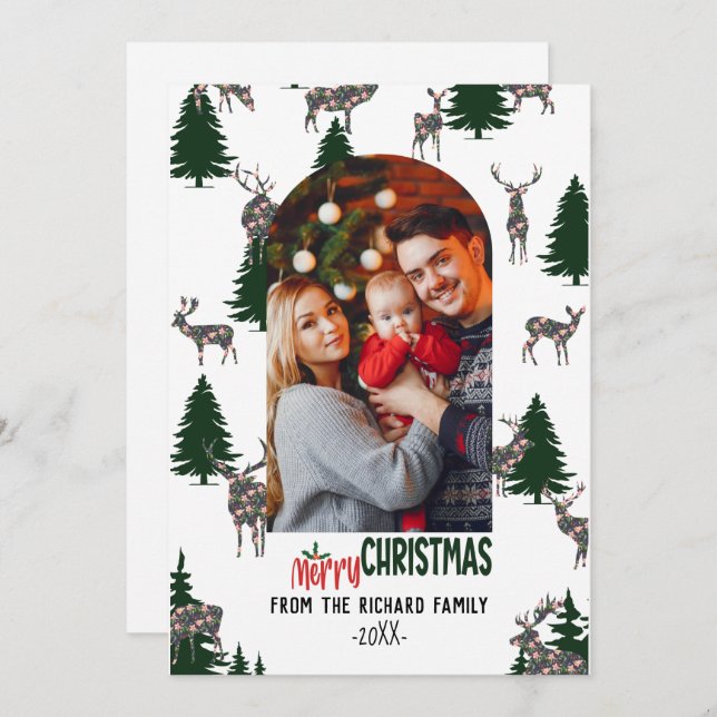 Cartes Pour Fêtes Annuelles Joyeux Noël Famille Photo Arbre Cerf (Devant / Derrière)