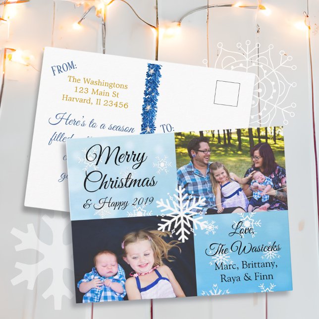 Cartes Pour Fêtes Annuelles Joyeux Noël Famille Photo Blue Snowflakes (Créateur téléchargé)
