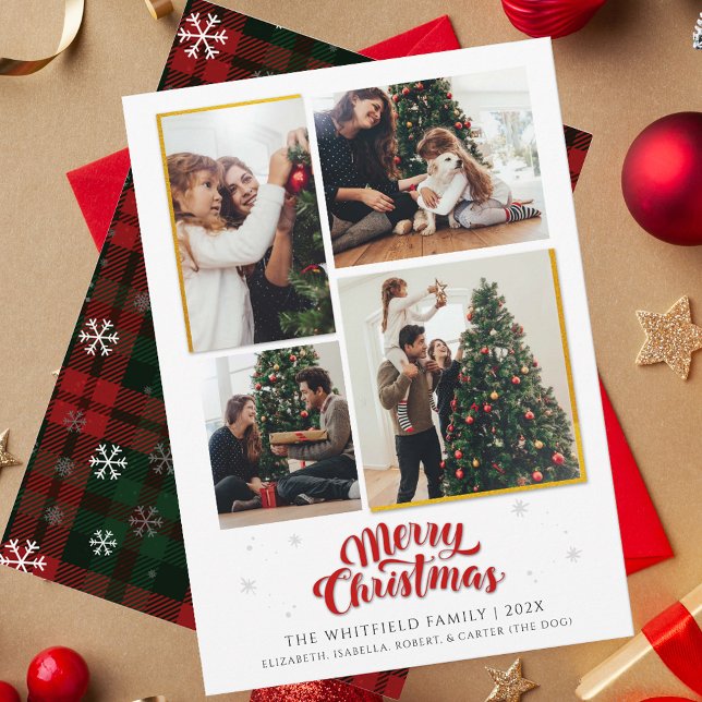 Cartes Pour Fêtes Annuelles Joyeux Noël Famille Photo Collage Plaid (Rustic Plaid Christmas Greetings Family Photo Collage Tartan Card)