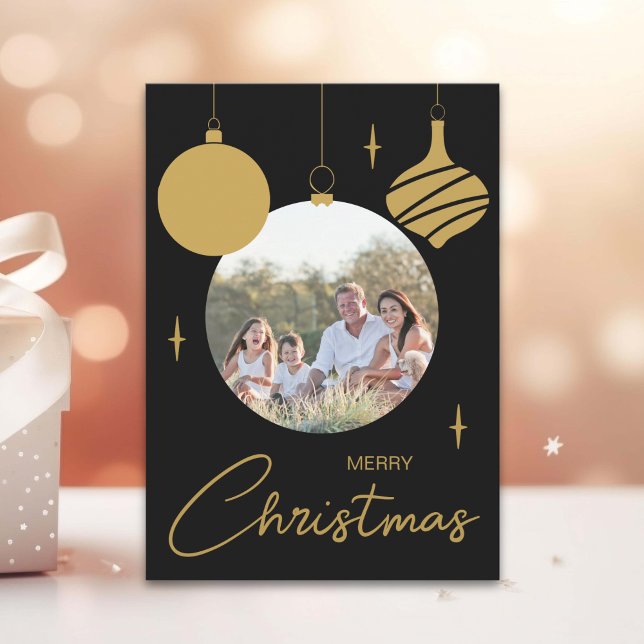 Cartes Pour Fêtes Annuelles Joyeux Noël Famille Photo Noir et Or (Merry Christmas Family Photo Black and Gold Holiday Postcard)