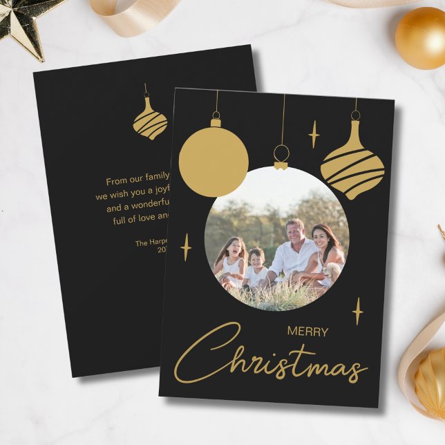 Cartes Pour Fêtes Annuelles Joyeux Noël Famille Photo Noir et Or (Merry Christmas Family Photo Black and Gold Holiday Card)