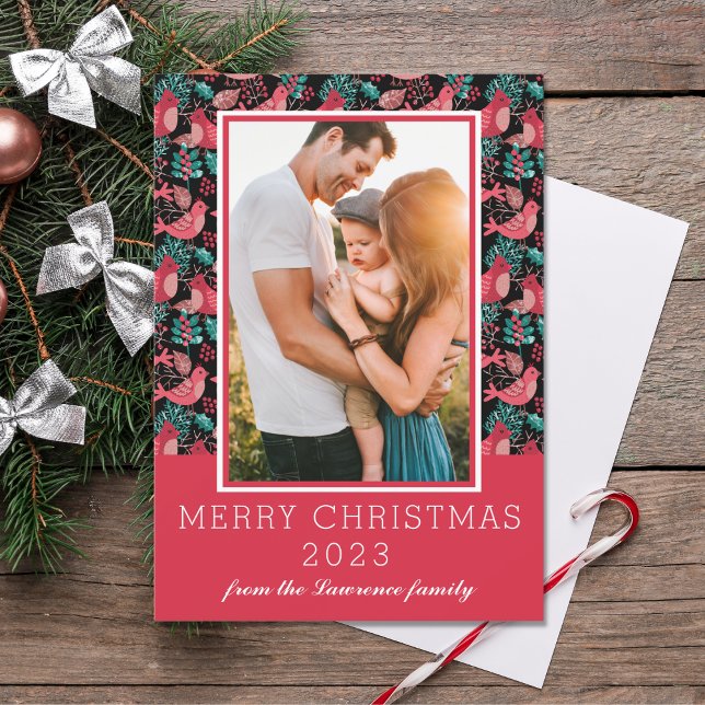 Cartes Pour Fêtes Annuelles Joyeux Noël Famille Photo Oiseaux d'hiver Berries (Créateur téléchargé)