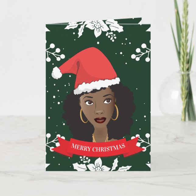 Cartes Pour Fêtes Annuelles Joyeux Noël, Femme noire avec chapeau de Père Noël (Devant)