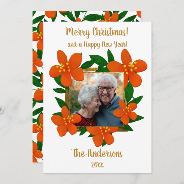Cartes Pour Fêtes Annuelles Joyeux Noël | Festive Orange Red Florals Photo (Devant / Derrière)