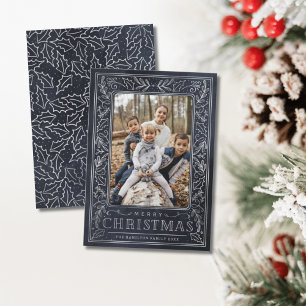 Cartes Pour Fêtes Annuelles Joyeux Noël Feuillage blanc sur fond bleu & Photo