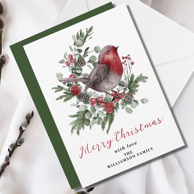 Cartes Pour Fêtes Annuelles Joyeux Noël Feuillage d'hiver Rouge Robin (Créateur téléchargé)