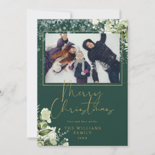 Cartes Pour Fêtes Annuelles Joyeux Noël Fleurs de neige Or et Vert Photo