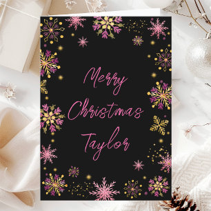 Cartes Pour Fêtes Annuelles Joyeux Noël Flocons de Neige Rose Or avec Nom