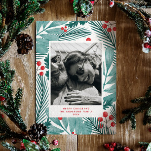 Cartes Pour Fêtes Annuelles Joyeux Noël. Floral d'hiver et photo de pins