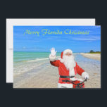 Cartes Pour Fêtes Annuelles Joyeux Noël Floride Sanibel Island Beach Père Noël<br><div class="desc">Joyeux Noël en Floride ! Cette magnifique carte de vacances Flat Card présente une photo de la plage sensationnelle de l'île de Sanibel avec les belles eaux bleues/vertes du golfe du Mexique. Le design festif comprend Père Noël à vélo pour livrer des colis sur cette oasis insulaire. Le dos de...</div>