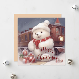 Cartes Pour Fêtes Annuelles Joyeux Noël - Fluffy Polar Bear and Train Card