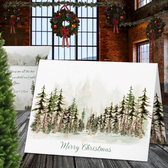 Cartes Pour Fêtes Annuelles Joyeux Noël Forêt de Pins Aquarelle (Merry Christmas Woodland Pine Forest Watercolor Holiday Wraparound Graphics Folded Card)