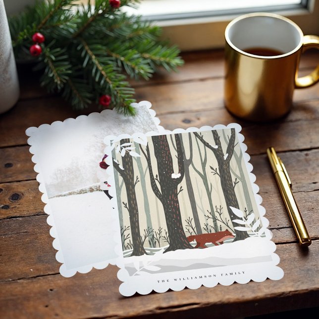 Cartes Pour Fêtes Annuelles Joyeux Noël Forêt d'hiver Forêt de renard Photo (Merry Christmas Woodland Winter Forest Fox Photo Holiday Card)