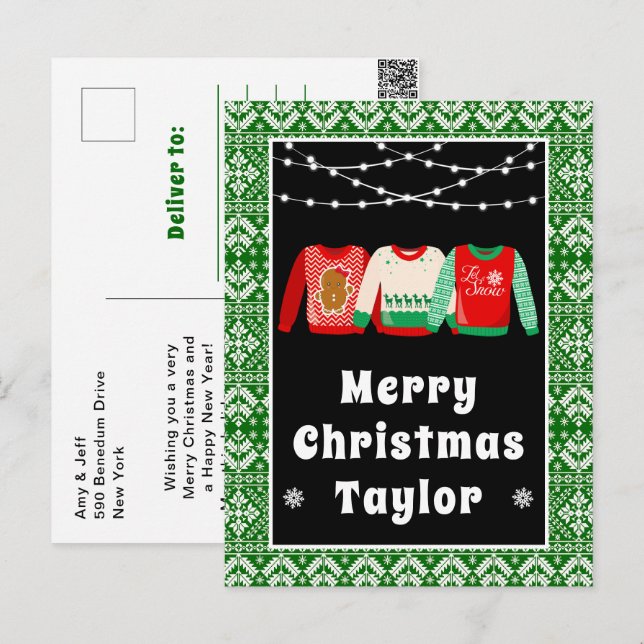 Cartes Pour Fêtes Annuelles Joyeux Noël Génial Sweaters Vert avec nom (Devant / Derrière)