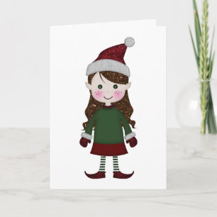 Cartes Pour Fêtes Annuelles Joyeux Noël Glittery Elf Girl hiver Rouge Vert