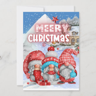 Cartes Pour Fêtes Annuelles Joyeux Noël Gnomes rouge et bleu neige