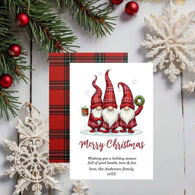 Cartes Pour Fêtes Annuelles joyeux Noël Gnomies rouge plaid non photo (Créateur téléchargé)