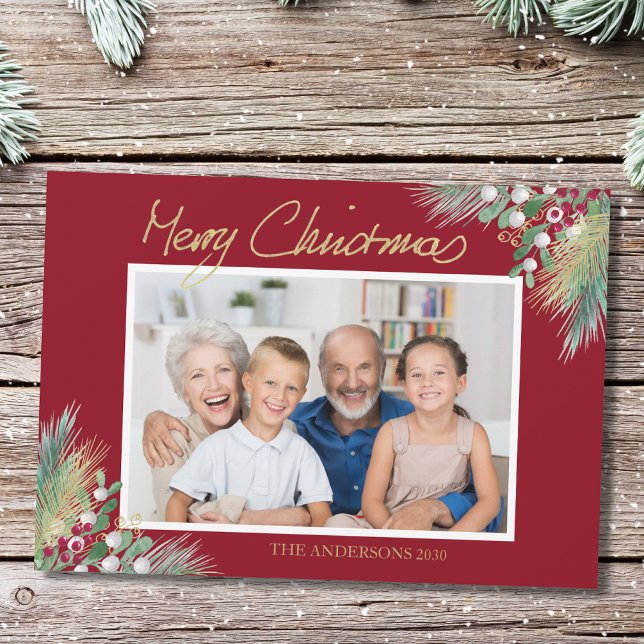 Cartes Pour Fêtes Annuelles Joyeux Noël Gold Berries Photo Noël (Créateur téléchargé)