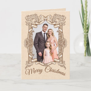 Cartes Pour Fêtes Annuelles Joyeux Noël Gold Bow cadre photo Vintage