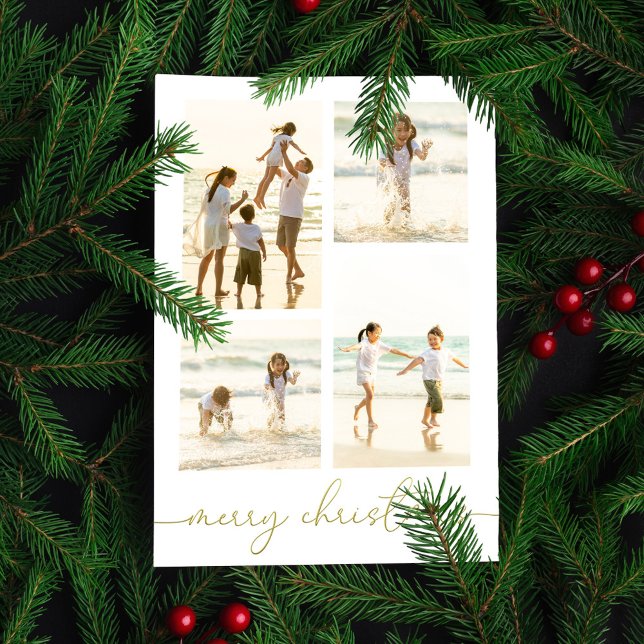 Cartes Pour Fêtes Annuelles Joyeux Noël Gold Calligraphie 5 Photo Élégante (Merry Christmas gold calligraphy script photo card. )