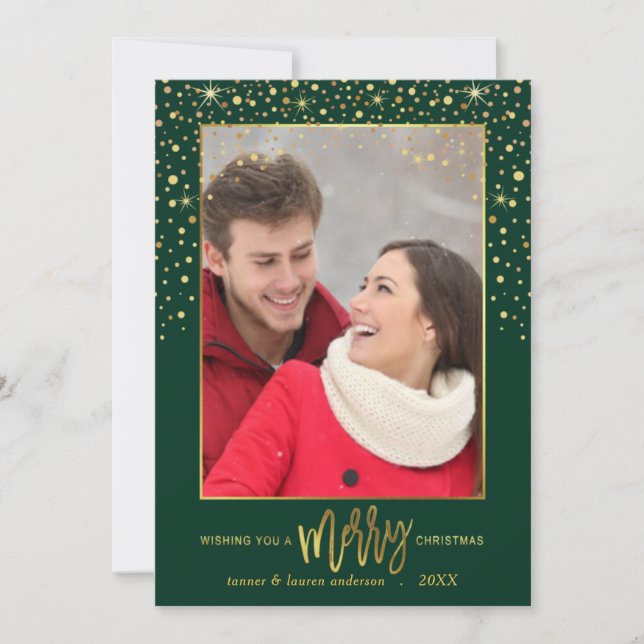 Cartes Pour Fêtes Annuelles Joyeux Noël Gold Confetti Holiday Photo Green (Devant)
