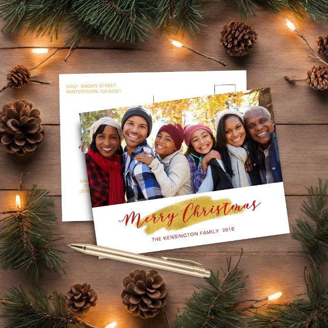Cartes Pour Fêtes Annuelles Joyeux Noël Gold Foil Swash Holiday Photo (Merry Christmas Gold Foil Swash Holiday Photo Postcard)