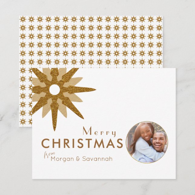 Cartes Pour Fêtes Annuelles Joyeux Noël Gold Snowflake Couple Photo (Devant / Derrière)