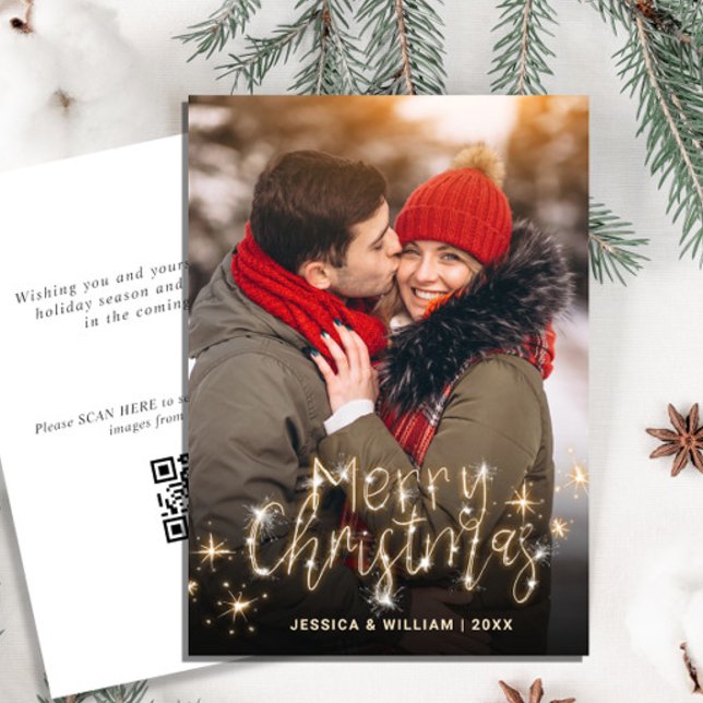 Cartes Pour Fêtes Annuelles Joyeux Noël Gold Sparken PHOTO code QR (Créateur téléchargé)