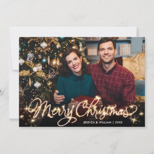 Cartes Pour Fêtes Annuelles Joyeux Noël Gold Sparkle Script PHOTO Salutation