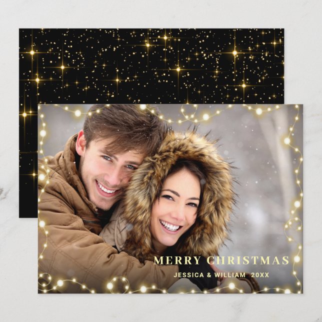 Cartes Pour Fêtes Annuelles Joyeux Noël Gold Sparkle Script PHOTO Salutation (Devant / Derrière)